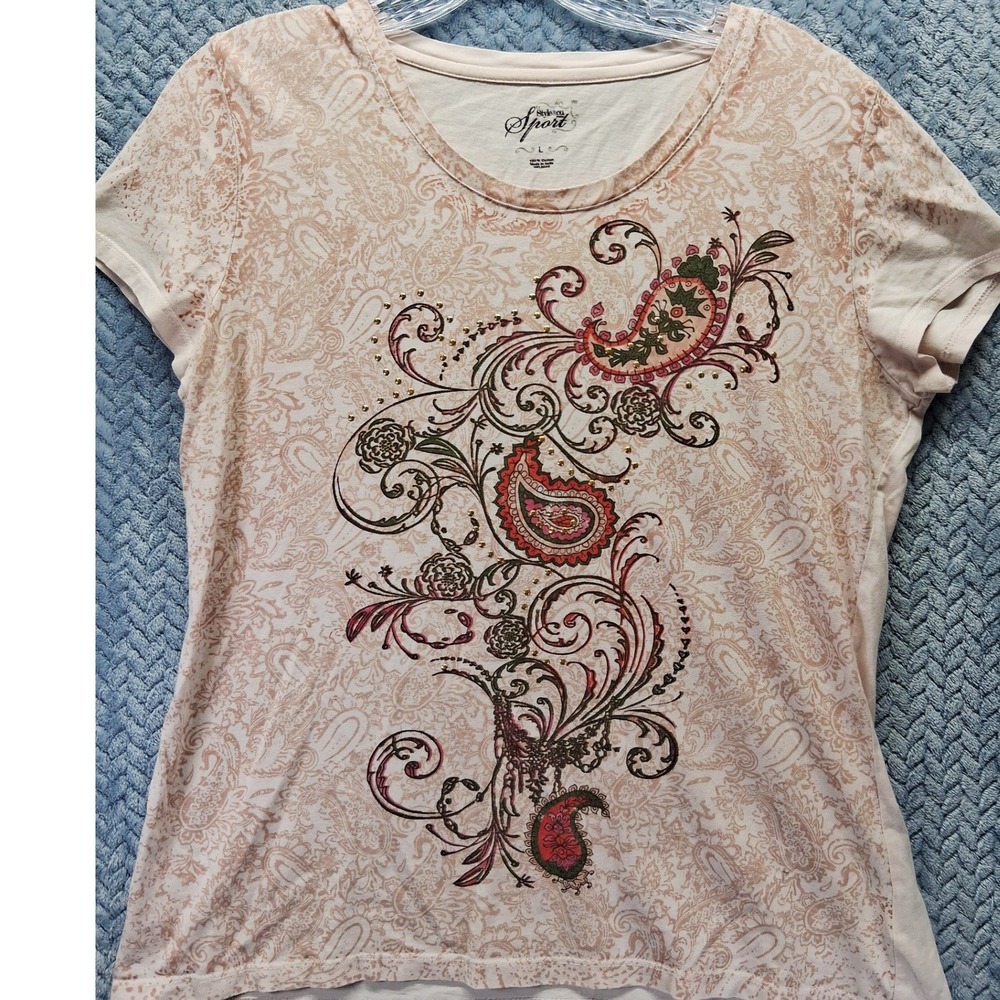 Style & Co Sport Womens Petite Large Pink Paisley Embellished Cotton T-Shirt L